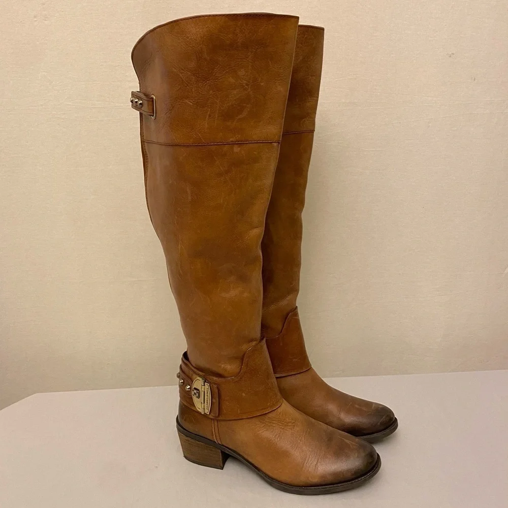 Vince Camuto 6.5 Leather Knee Boots Brown Harness Women’s Zippers Logo